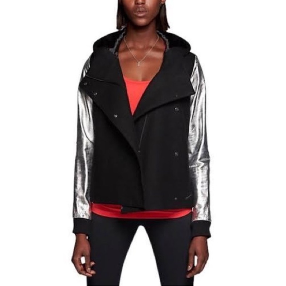 Nike Destroyer Metallic Silver Asymmetrical Varsity Jacket with Butterfly Back